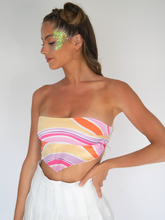 Load image into Gallery viewer, Satin printed bandeau top, rainbow striped pattern
