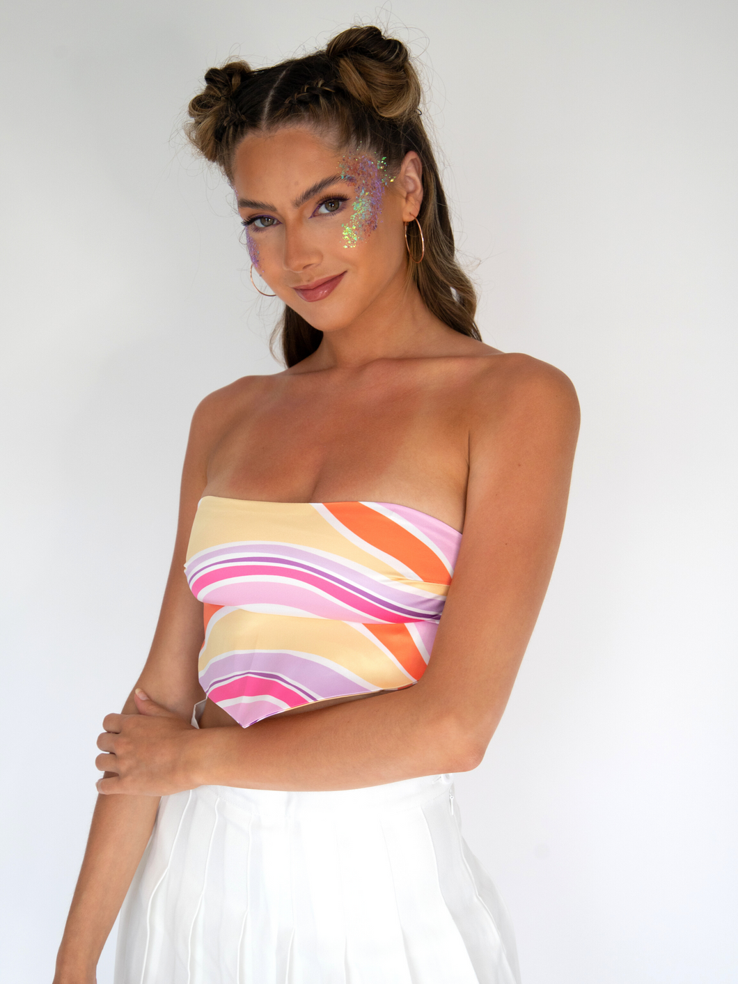 Satin printed bandeau top, rainbow striped pattern