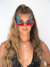 Load image into Gallery viewer, red flame sunglasses, mirrored lenses, festival and rave accessories.
